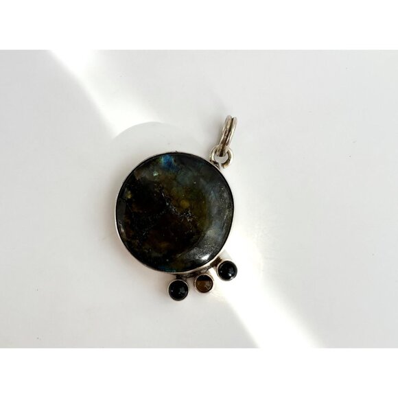 Labradorite Round Gemstone Bezel Set Sterling Silver 925 Vintage Pendant - Picture 8 of 10